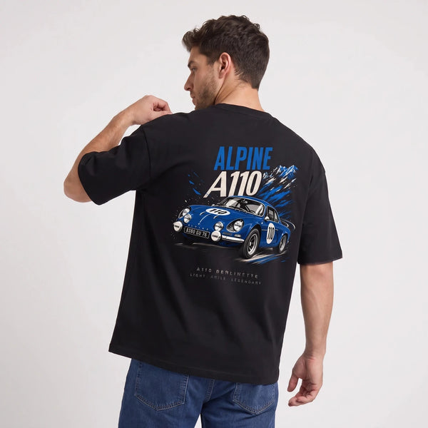 T-shirt Alpine A110 noir, berlinette bleue numéro 110 vue de dos