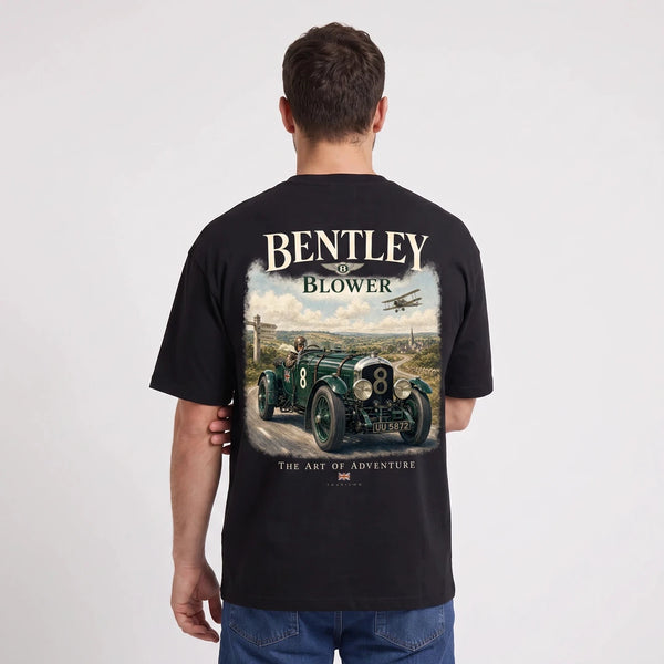 T-shirt Bentley Blower The Art of Adventure noir, voiture de course britannique vue de dos