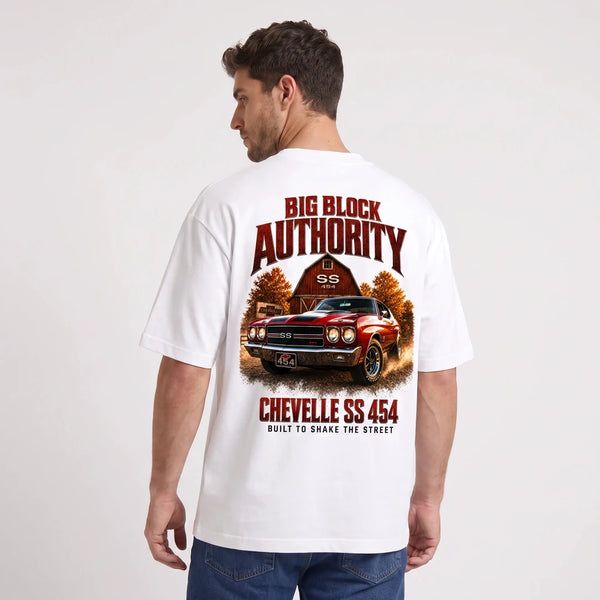 T-shirt Chevrolet Chevelle SS 454 Big Block Authority blanc porté de dos