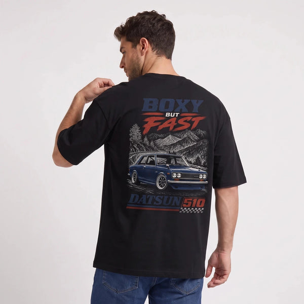 T-shirt Datsun 510 noir, berline japonaise bleu foncé vue de dos