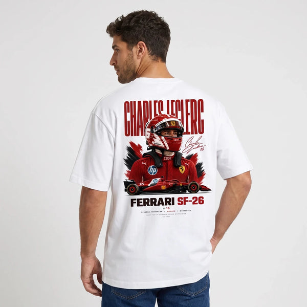 T-shirt F1 Charles Leclerc blanc vu de dos avec design Signature Ferrari SF-26