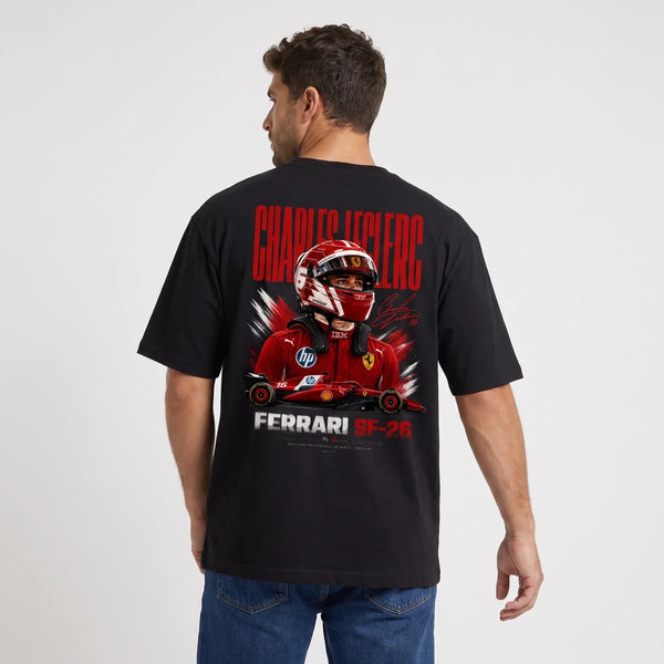 T-shirt F1 Charles Leclerc noir vu de dos avec design Signature Ferrari SF-26