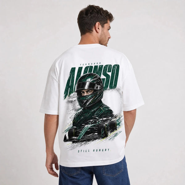 T-shirt F1 Fernando Alonso Signature blanc, pilote et monoplace vus de dos