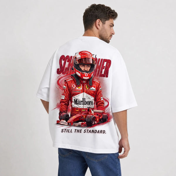 T-shirt F1 Michael Schumacher Signature blanc avec pilote et monoplace rouges vus de dos