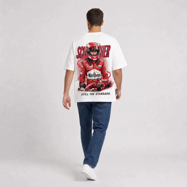 T-shirt F1 Michael Schumacher Signature blanc porté de dos en plan large
