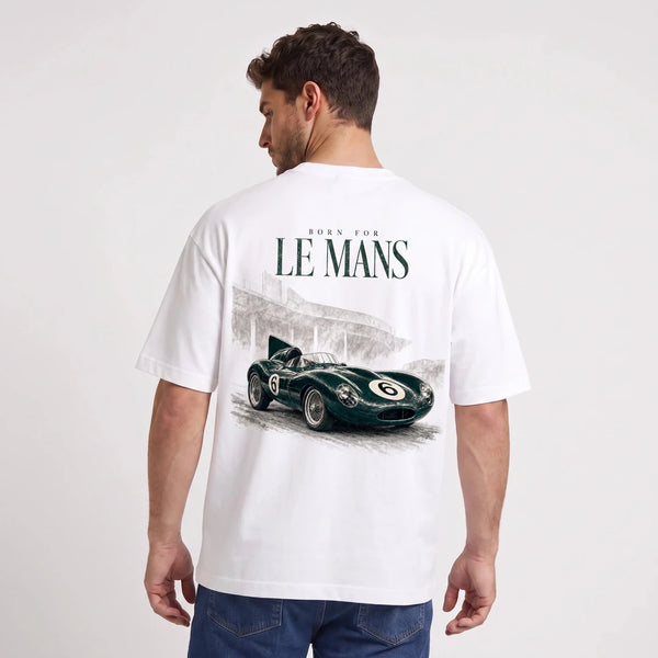 White Jaguar D-Type Le Mans N°6: Born for Le Mans T-shirt worn, back view