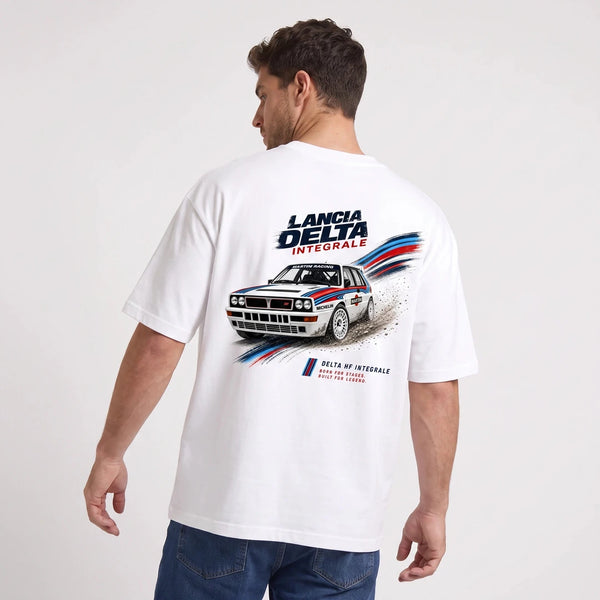 T-shirt Lancia Delta Integrale blanc, voiture de rallye vue de dos