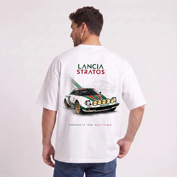 T-shirt Lancia Stratos Virage victorieux blanc, voiture de rallye vue de dos