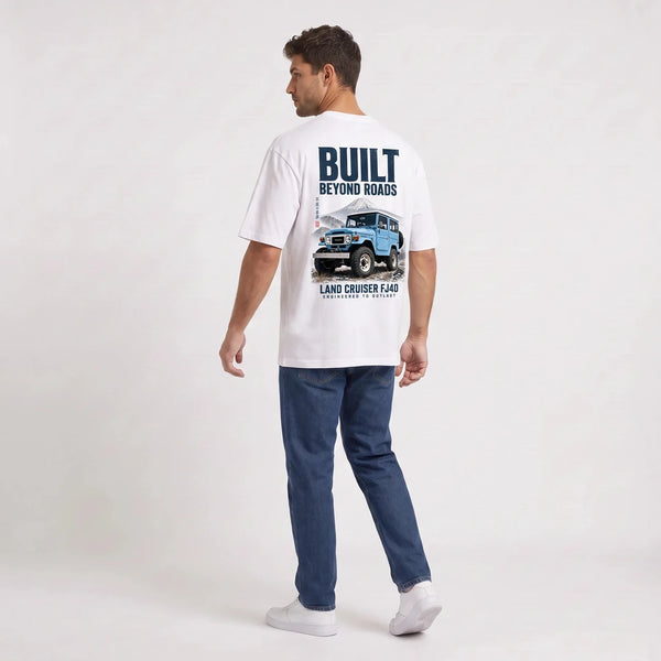 T-shirt Toyota Land Cruiser FJ40 Built Beyond Roads blanc vu de dos