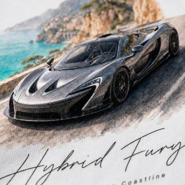 Gros plan print dos t-shirt blanc Riviera Overboost avec McLaren P1 grise et mer turquoise